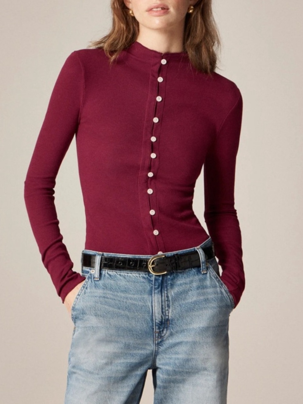 NWT J. Crew Burgundy Ribbed Button Down Top Women’s Size Large